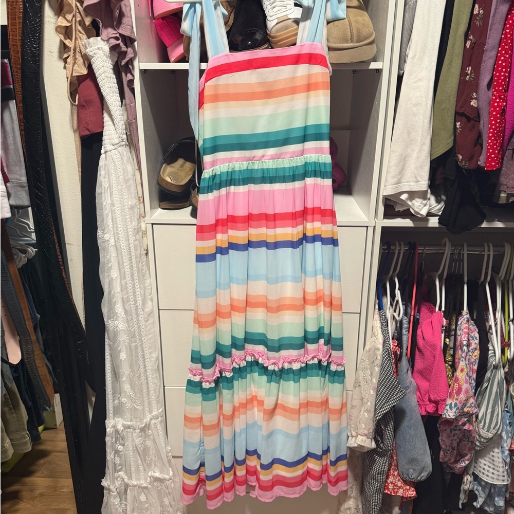 Flying Tomato Rainbow Striped Maxi Dress with Pastel Straps